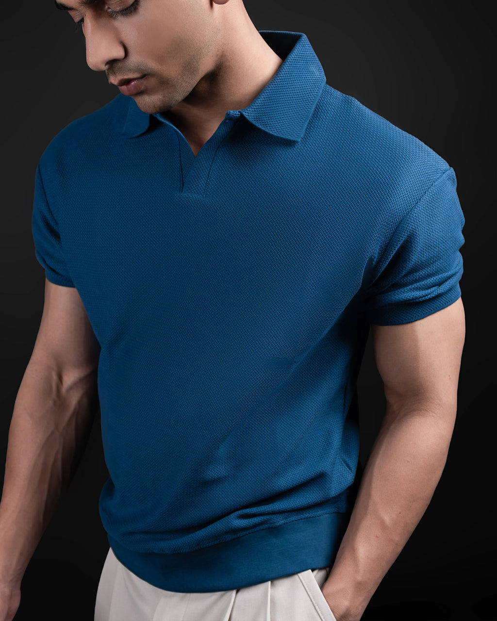 BLUE JACQUARD TEXTURED POLO SHIRT - DRIPMYFIT