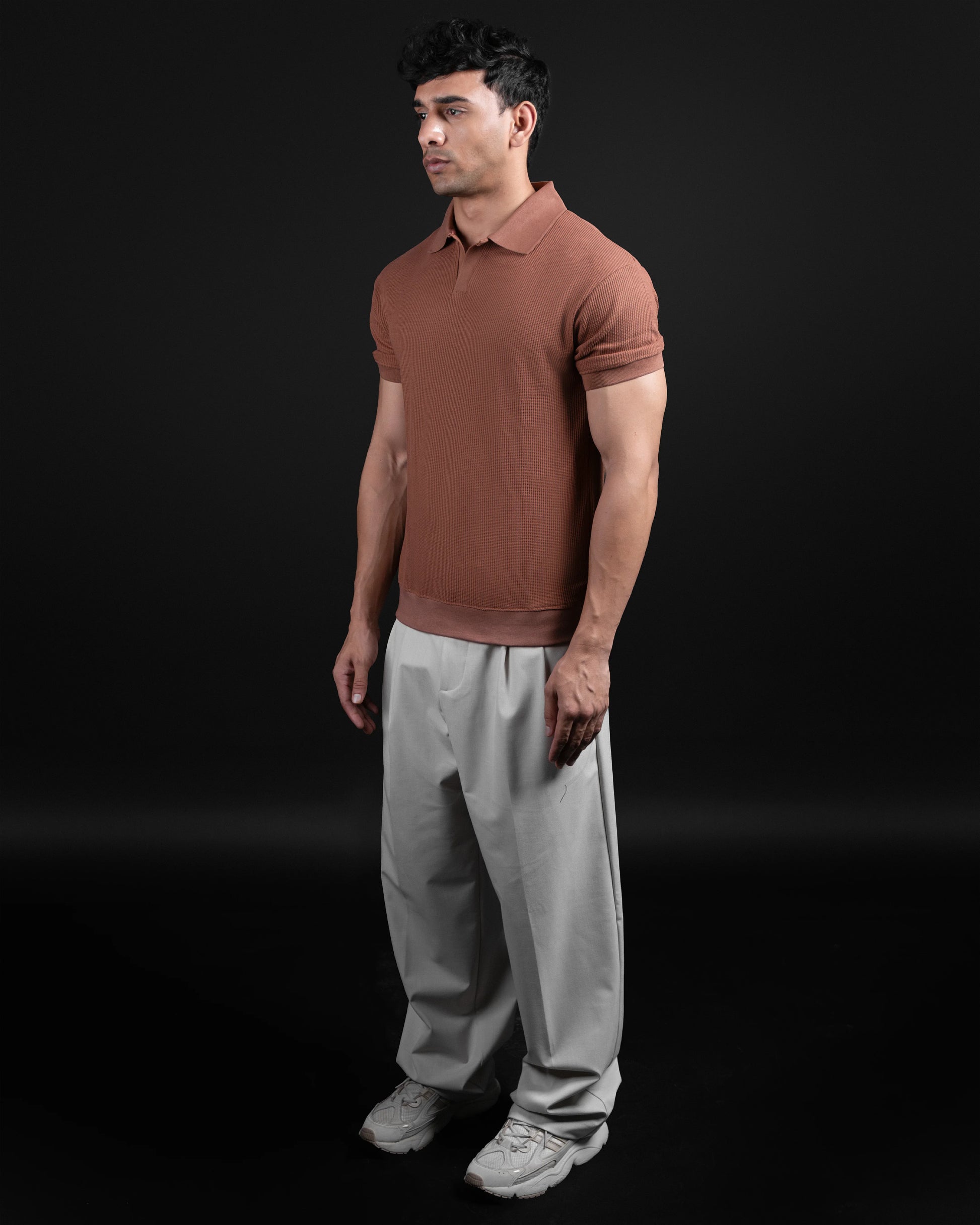 BROWN JACQUARD TEXTURED POLO SHIRT - DRIPMYFIT
