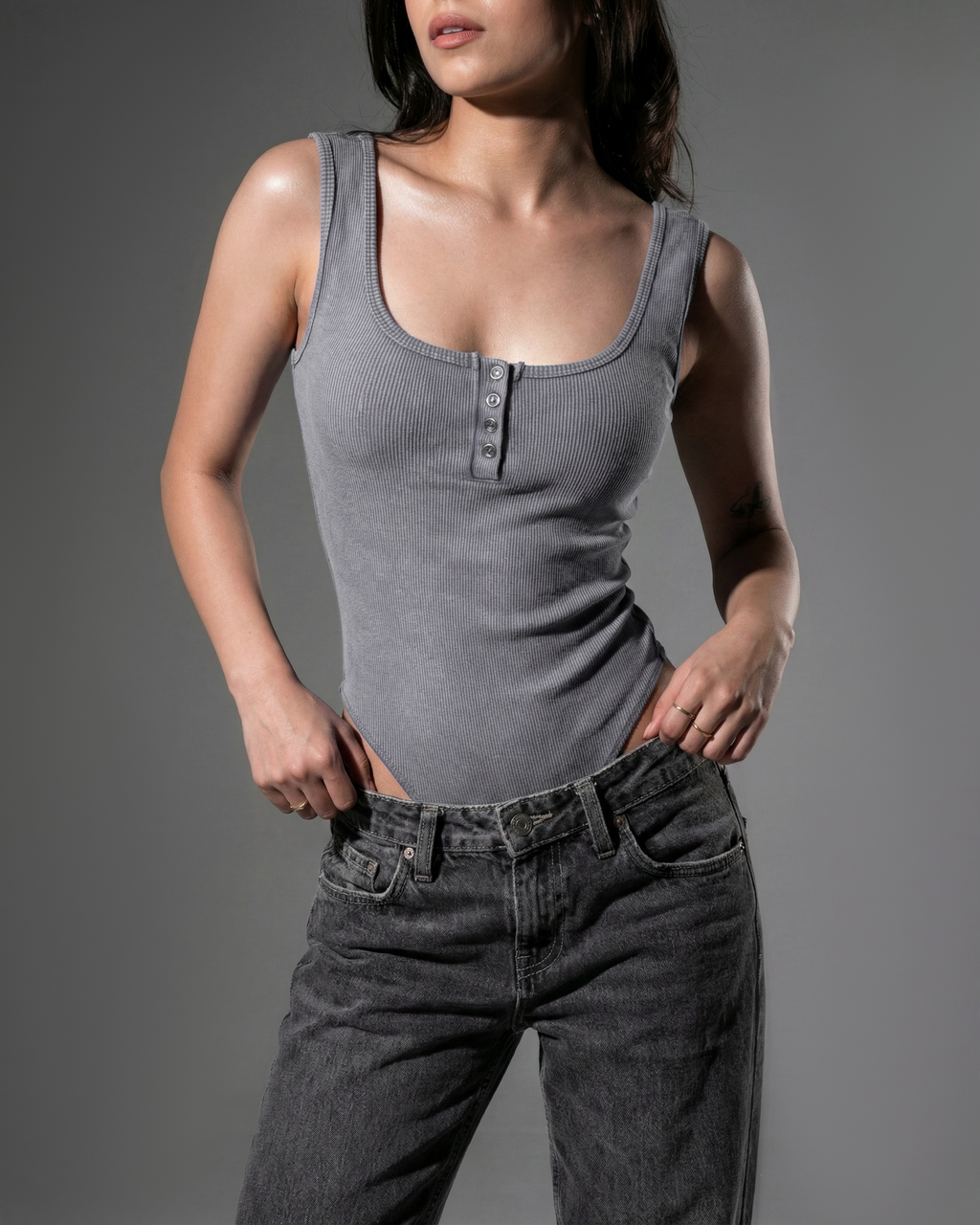 WASHED GREY RIBBED BODYSUIT