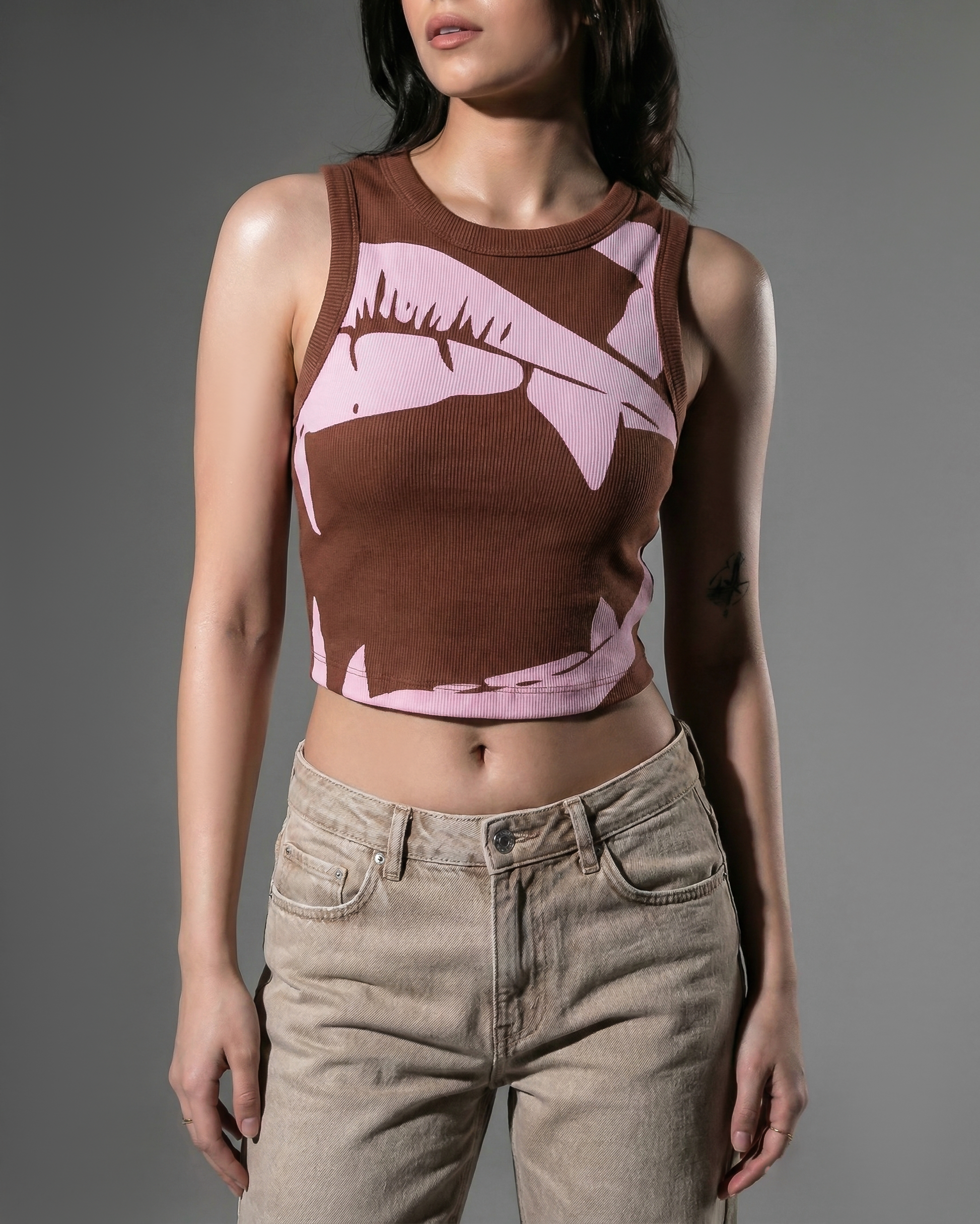 BROWN BITE ME RIBBED CROP TANK TOP
