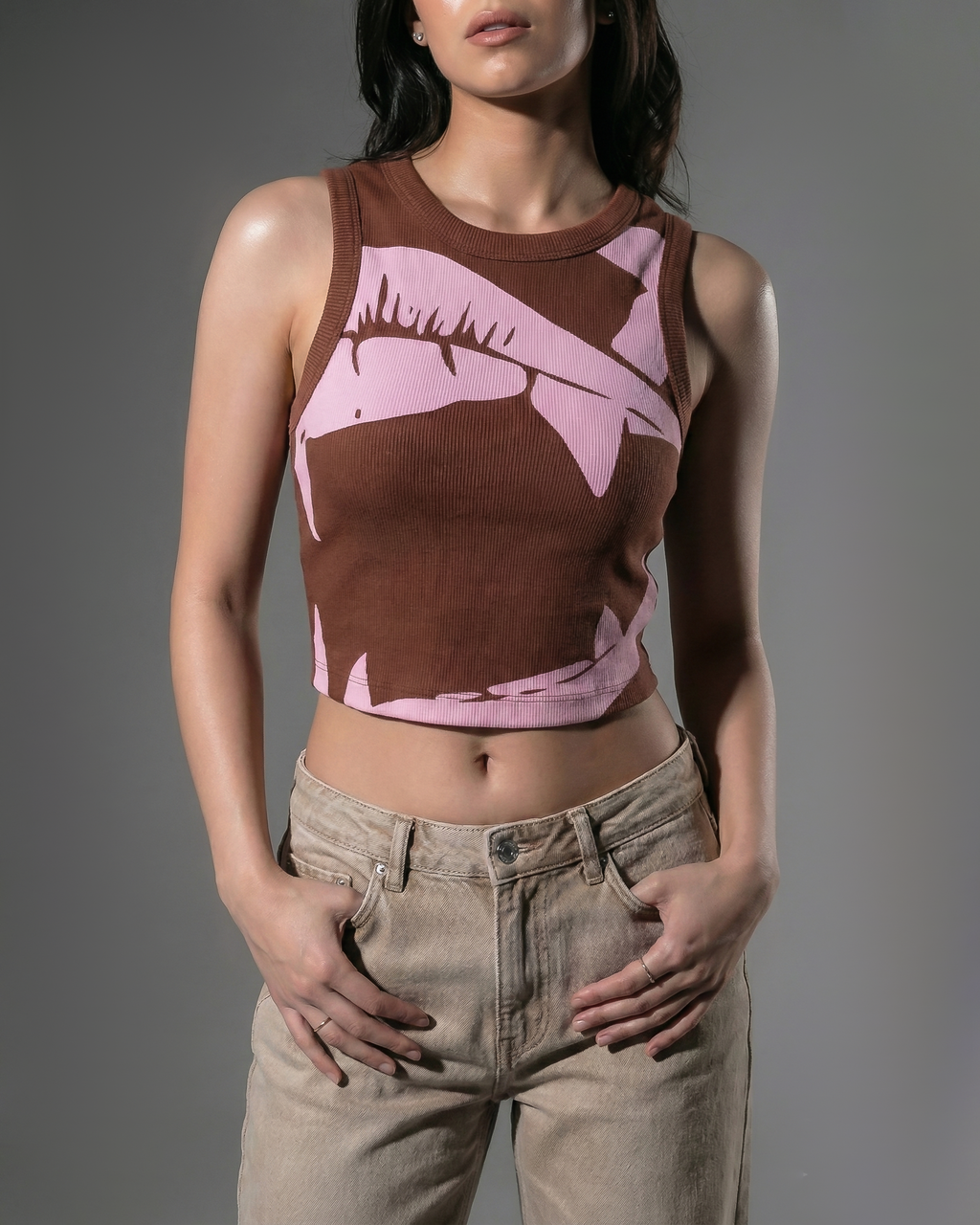 BROWN BITE ME RIBBED CROP TANK TOP